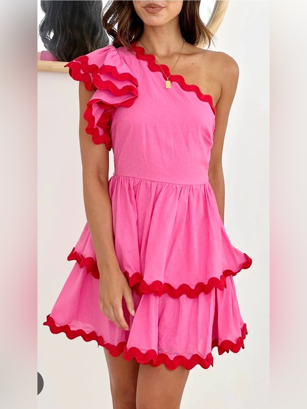 Hello Molly Hot Pink One-Shoulder Ruffle Tiered Mini Dress with Red Trim